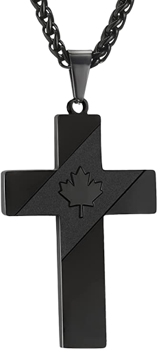 A black cross communion necklace on a chain with a maple leaf in the middle