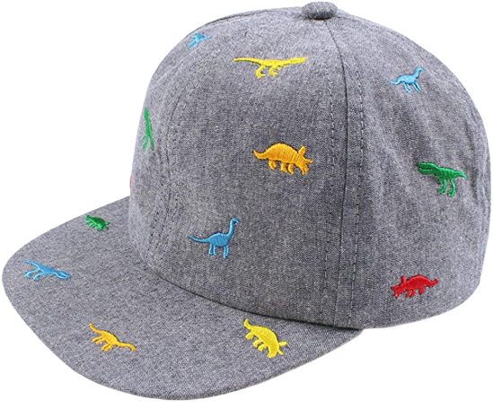 A cotton ballcap that looks like blue denim with embroidered dinosaurs in primary colours all over it - for kids and children between 3 months and 8 years