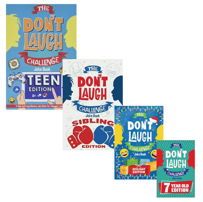 Photos of the Don't Laugh Challenge joke books series, including books aimed at different ages, books aimed at siblings, and holiday-themed versions